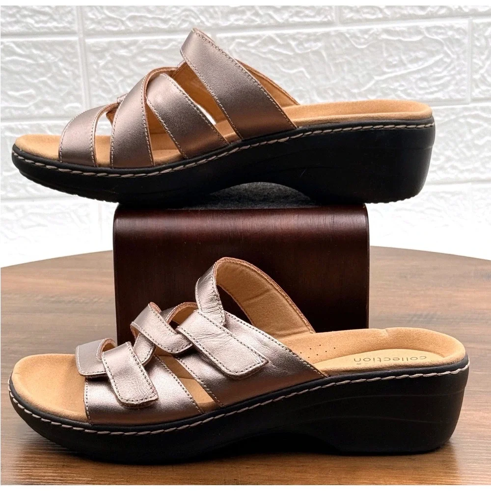 Clarks Merliah Karli Sandals Womens 8.5 Pewter Like New Metallic Wedge Slide